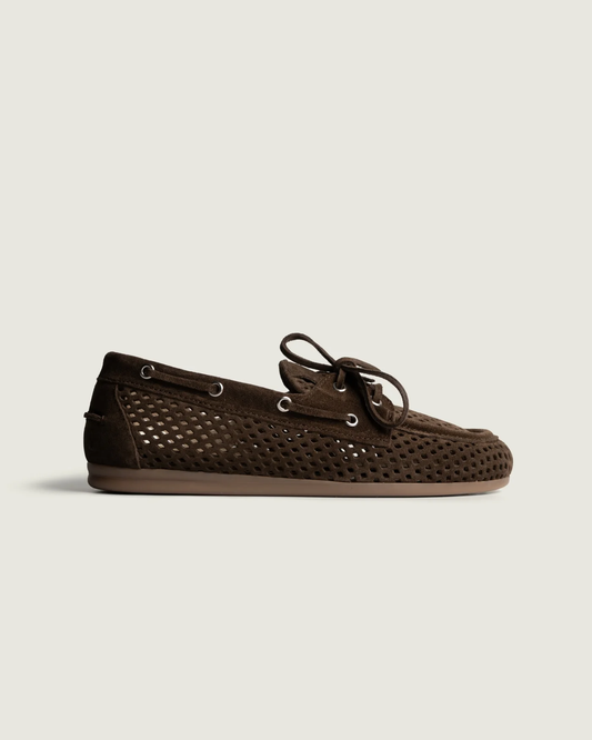 Boat Loafer Perforated - Suede | Dark brown